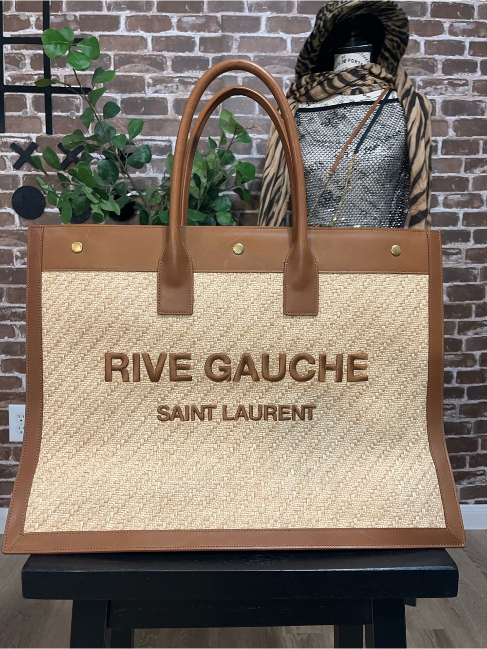 Saint Laurent Rive Gauche Straw Tote with Brown Leather Trim